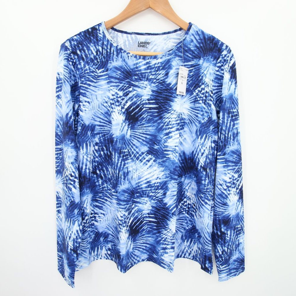 Lands End Rash Guard Size Large Blue Tie Dye Pattern Scoop Neck Long Sleeve UPF